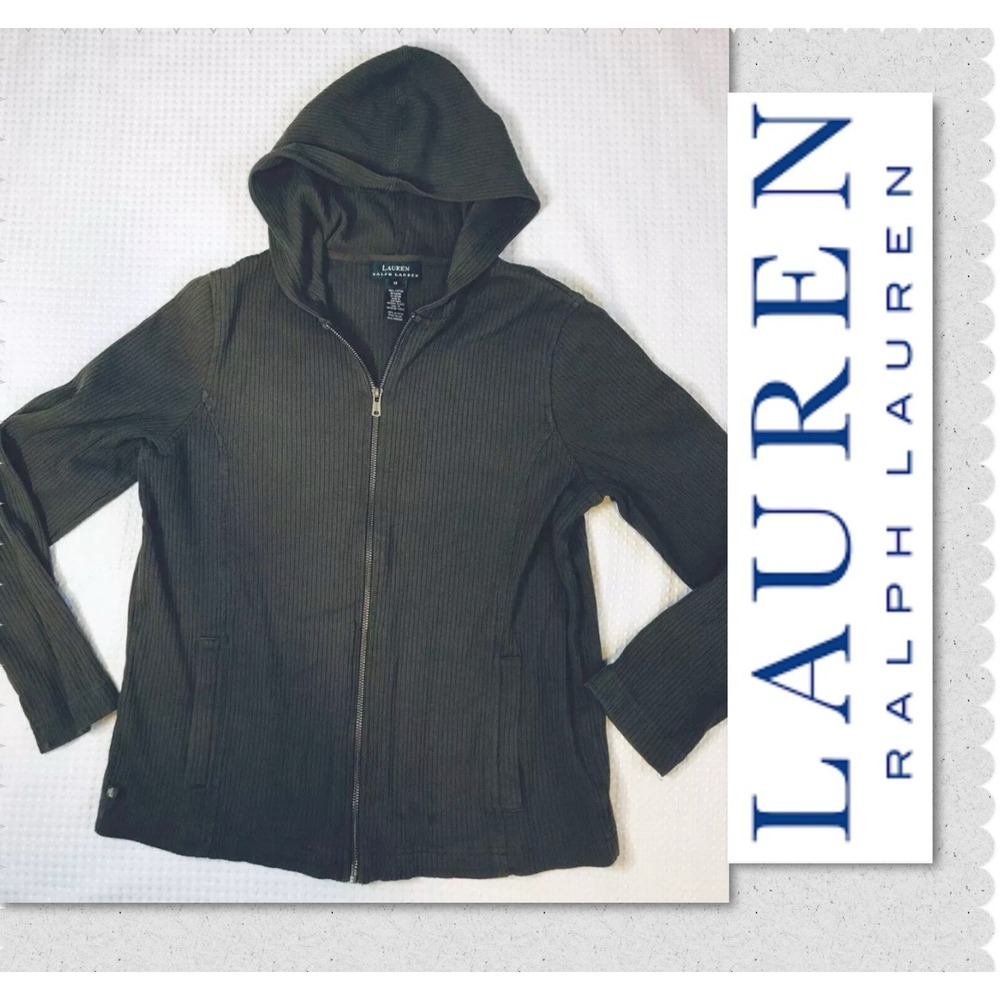 Lauren Ralph Lauren Womens Medium Olive Ribbed Long Sleeve Full-Zip Hood Sweater